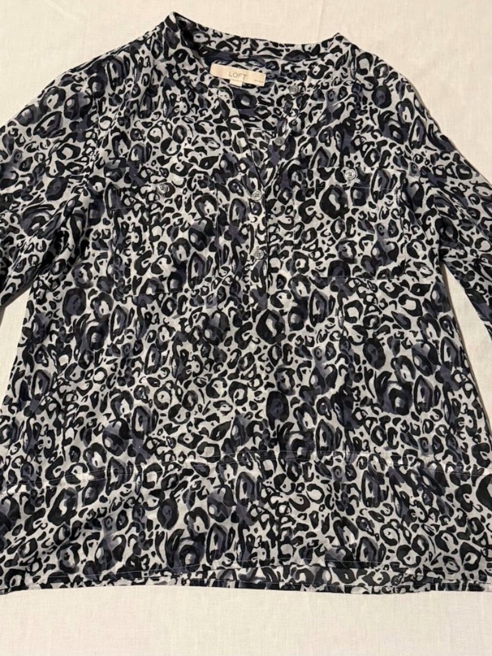 Ann Taylor LOFT Petite Gray and Black Leopard-Print Popover Blouse